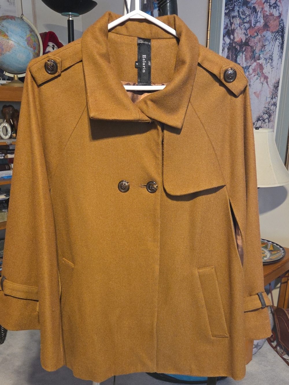 Womens Camel Wool Blend Double-Breasted Peacoat